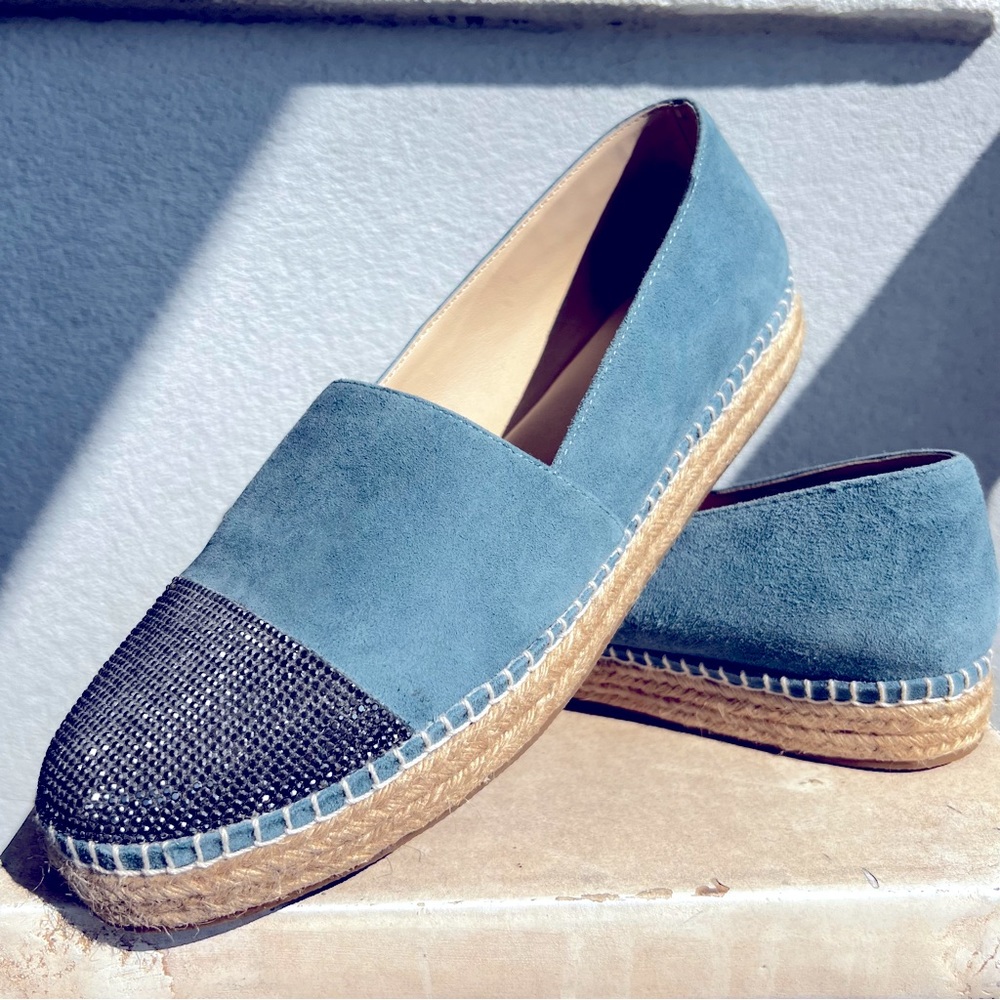 Steve Madden Pulsse Blue Suede Stones Bling Toe Slip On Espadrille Womens US 10